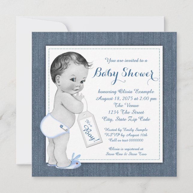 Invitation Baby Shower Garçon Bleu Denim (Devant)