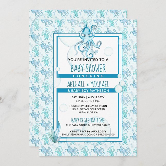 Invitation Baby shower Garçon Bleu et aquarelle Turquoise Oct (Devant / Derrière)
