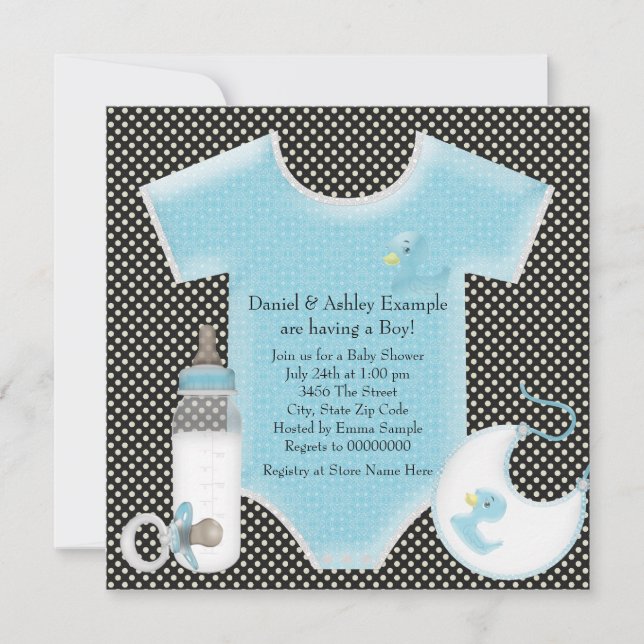 Invitation Baby Shower Garçon Bleu et Bleu à pois (Devant)