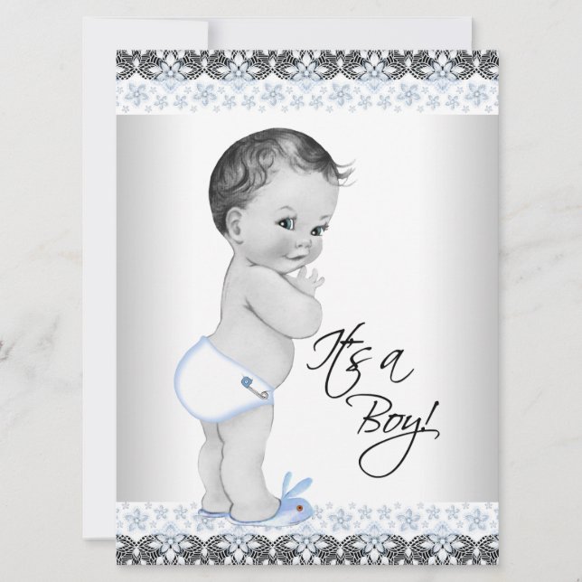 Invitation Baby Shower Garçon Bleu et Gris (Devant)