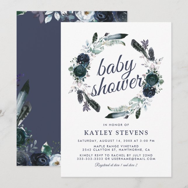 Invitation Baby Shower Garçon Bleu Floral Bohème Rustique (Devant / Derrière)