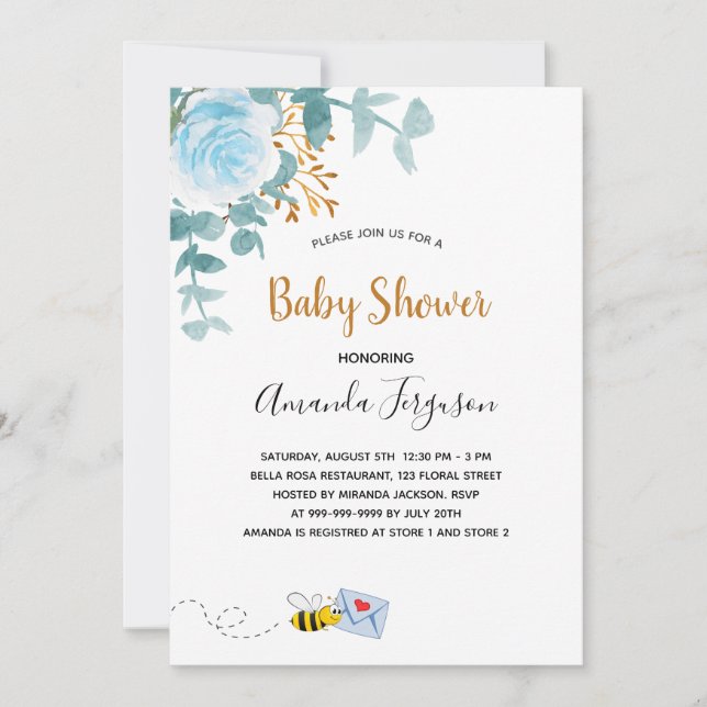 Invitation Baby shower garçon bleu floral vert maman à être (Devant)