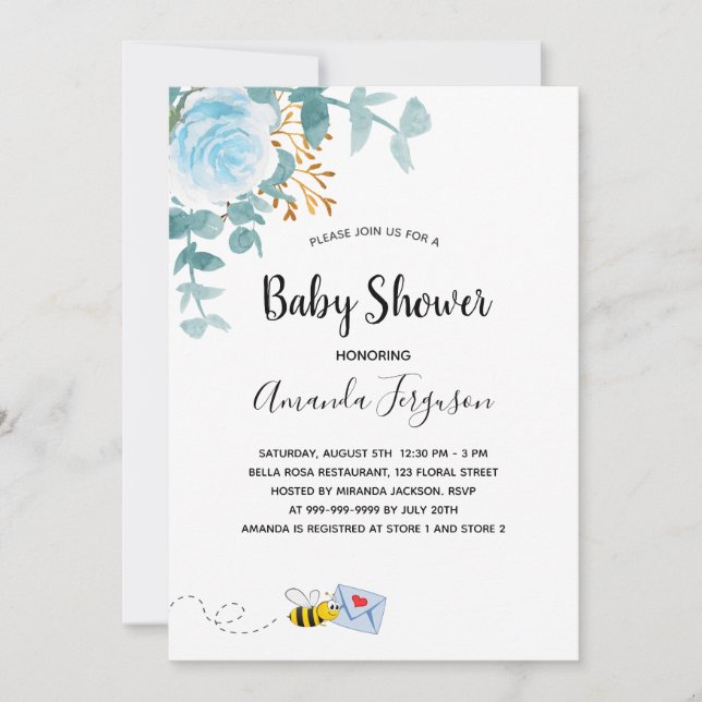 Invitation Baby shower garçon bleu floral vert maman à être (Devant)