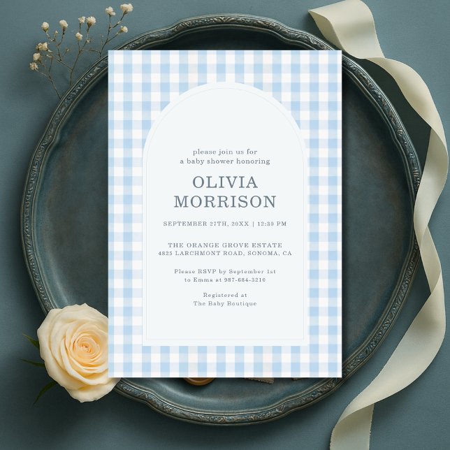 Invitation Baby Shower Garçon Bleu Gingham (Créateur téléchargé)
