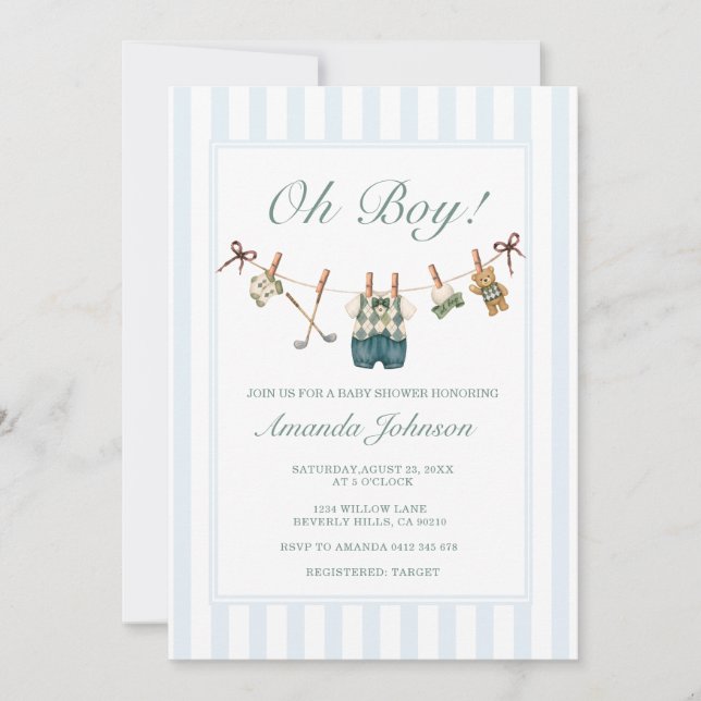 Invitation  Baby Shower Garçon Bleu Gingham Golf  (Devant)