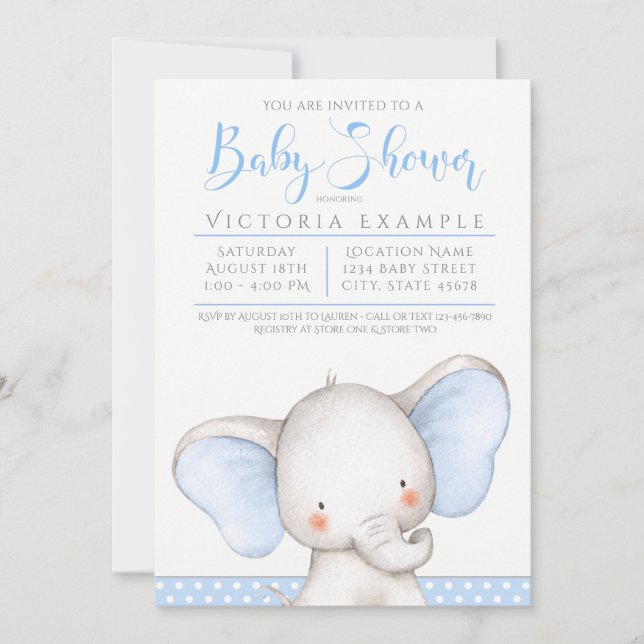 Invitation Baby Shower Garçon Bleu Gris Éléphant (Devant)