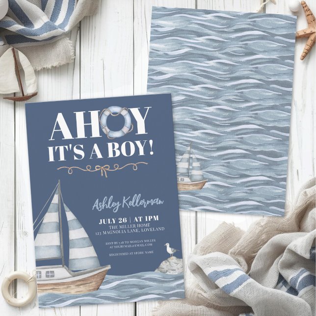 Invitation Baby Shower Garçon Bleu Marin (Nautical Blue Boy Baby Shower Invitation)