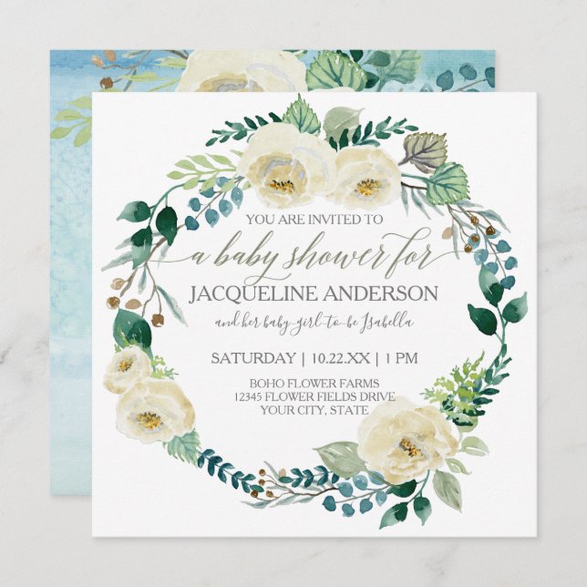 Invitation Baby shower garçon bleu n blanc Roses feuille feui (Devant / Derrière)