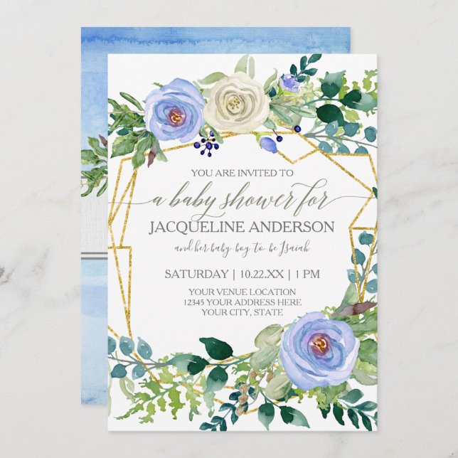 Invitation Baby shower Garçon Bleu n Roses Blanches Cadre géo (Devant / Derrière)