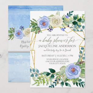 Invitation Baby shower Garçon Bleu n Roses Blanches Cadre géo