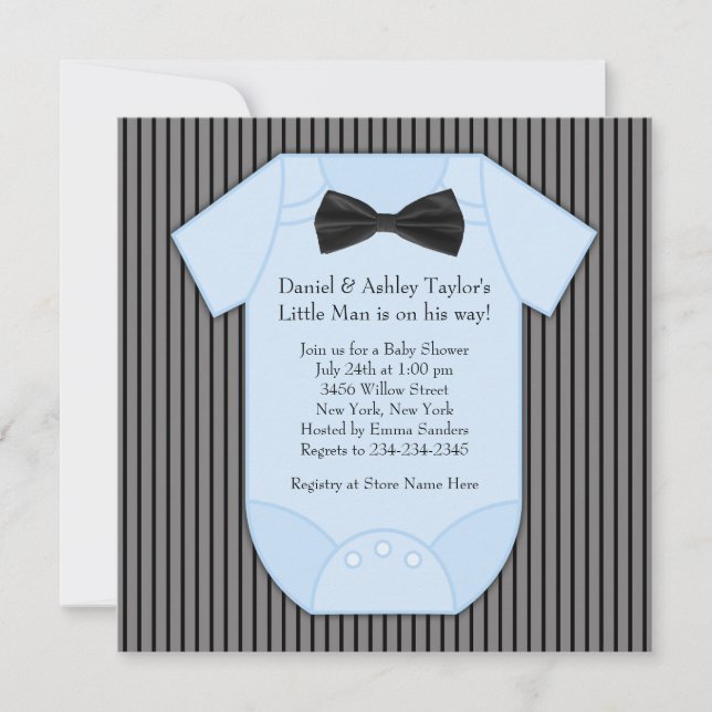Invitation Baby Shower Garçon Bleu Noir à Rayures fines (Devant)