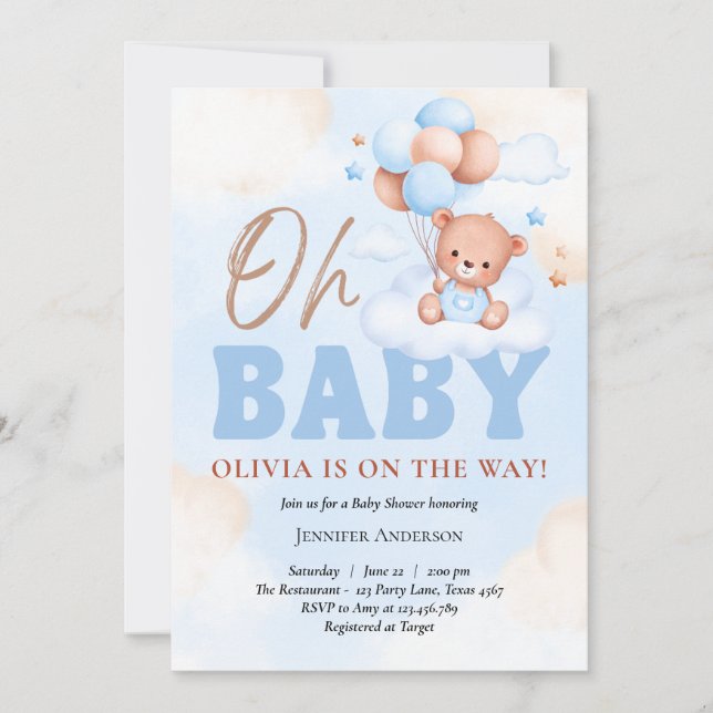 Invitation baby shower garçon, bleu, on peut attendre longtem (Devant)