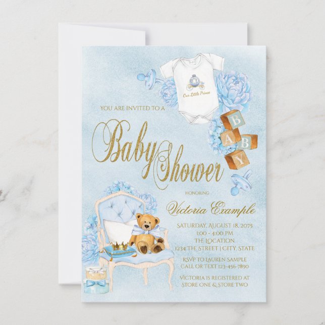 Invitation Baby Shower Garçon Bleu Or Aquarelle (Devant)