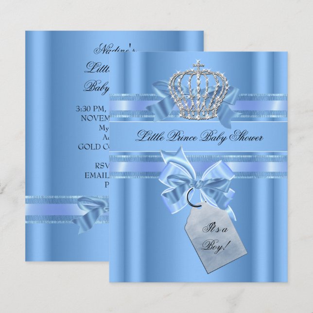 Invitation Baby shower Garçon Bleu Petit Prince Couronne Bow (Devant / Derrière)