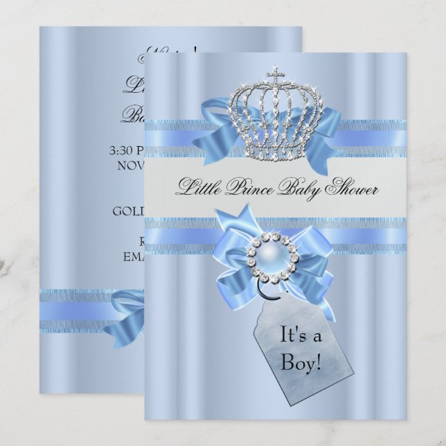 Invitation Baby shower Garçon Bleu Petit Prince Couronne NOUV (Devant / Derrière)
