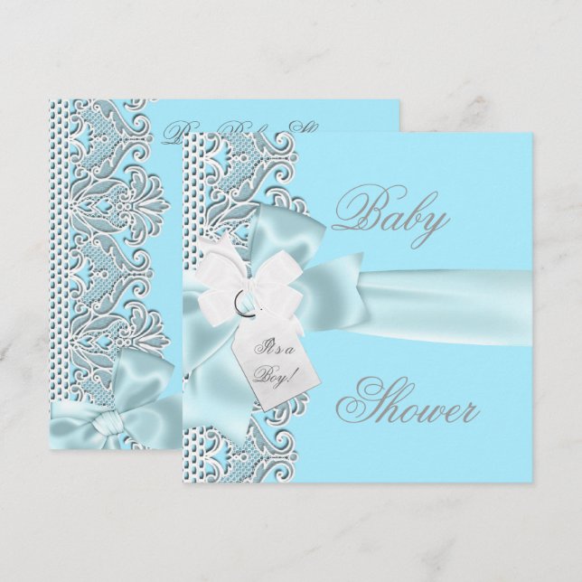 Invitation Baby Shower Garçon Bleu Sarcelle Gris Blanc Dentel (Devant / Derrière)