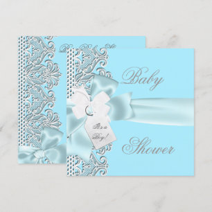 Invitation Baby Shower Garçon Bleu Sarcelle Gris Blanc Dentel