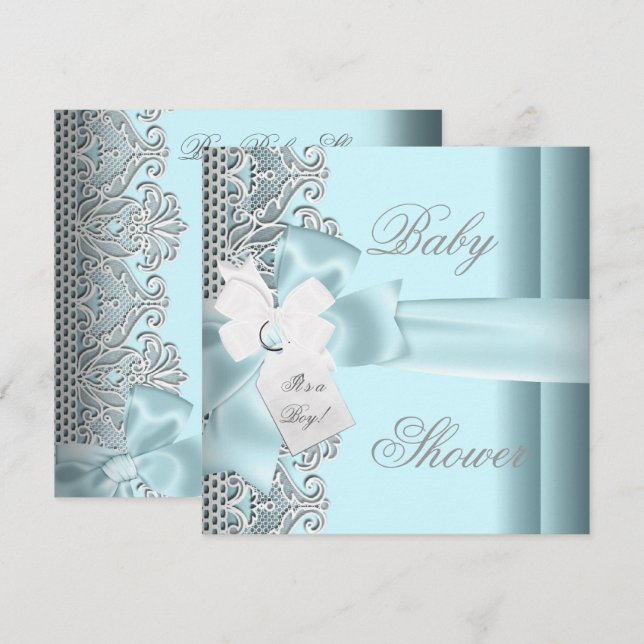 Invitation Baby Shower Garçon Bleu Sarcelle Gris Blanc Dentel (Devant / Derrière)