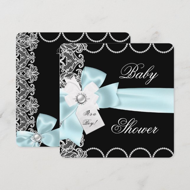 Invitation Baby Shower Garçon Bleu Sarcelle Noir Blanc Dentel (Devant / Derrière)