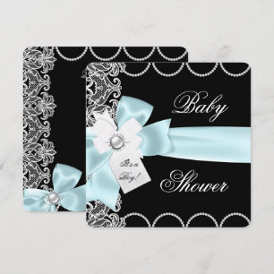 Invitation Baby Shower Garçon Bleu Sarcelle Noir Blanc Dentel