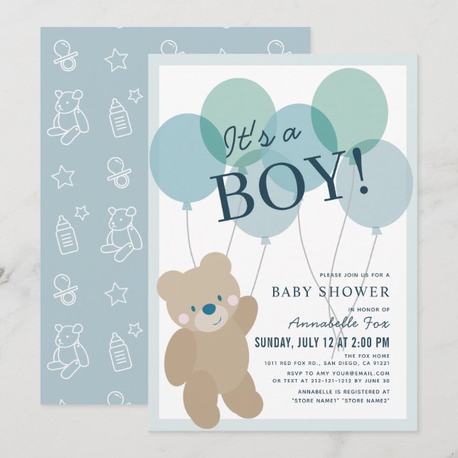 Invitation Baby shower Garçon bleu Teddy Bear Balloon (Devant / Derrière)