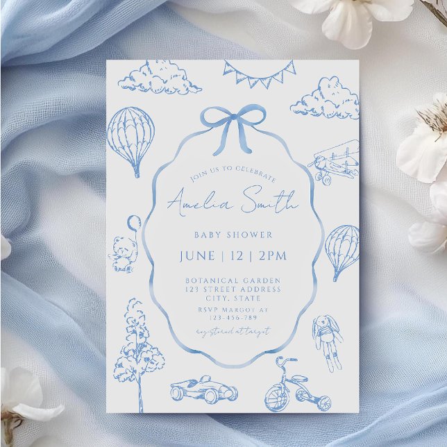 Invitation Baby shower Garçon bleu Toile De Jouy (Créateur téléchargé)