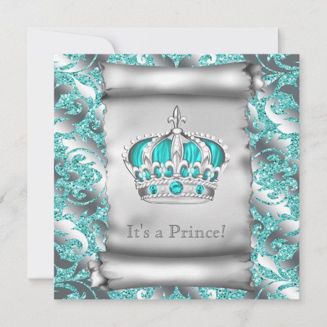 Invitation Baby Shower Garçon Bleu Turquoise et Argent (Devant)