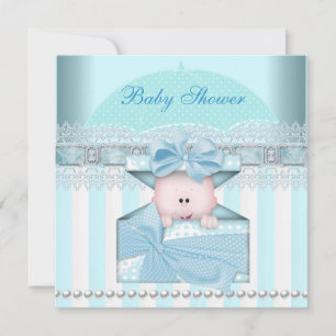 Invitation Baby shower Garçon Bleu Turquoise Parapluie rayé