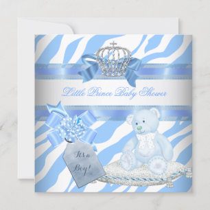 Invitation Baby Shower Garçon Bleu Zèbre Prince Couronne Ours