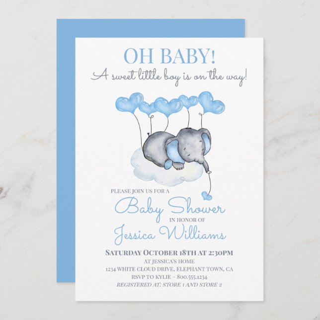 Invitation Baby shower garçon Blue Elephant sur le nuage (Devant / Derrière)