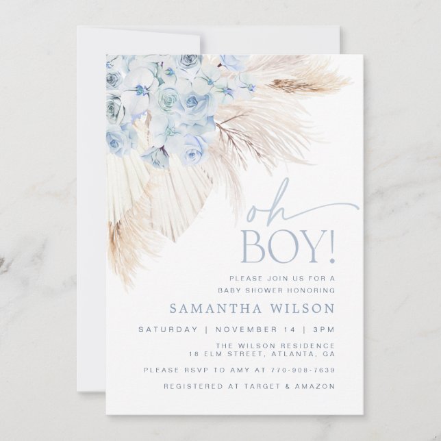 Invitation Baby shower Garçon Blue Pampas Grass (Devant)