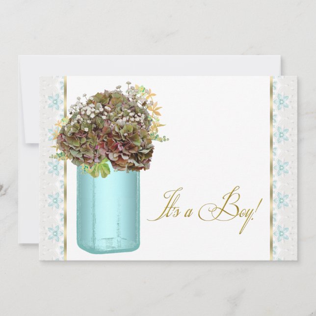 Invitation Baby Shower Garçon Bocal Mason Fleur Hydrangea Vin (Devant)