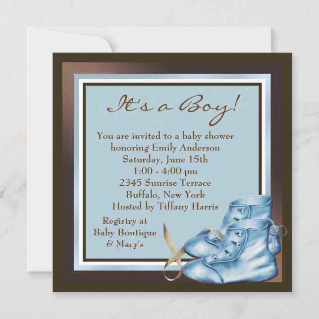 Invitation Baby Shower Garçon Brun et Bleu (Devant)