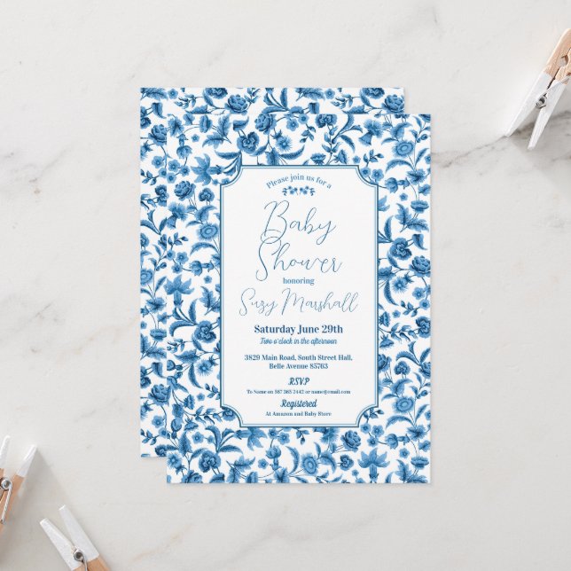 Invitation Baby shower Garçon Chintz Bleu & Blanc Floral Dits (Devant/Arrière en situation)