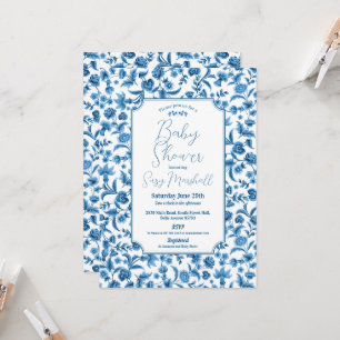 Invitation Baby shower Garçon Chintz Bleu & Blanc Floral Dits