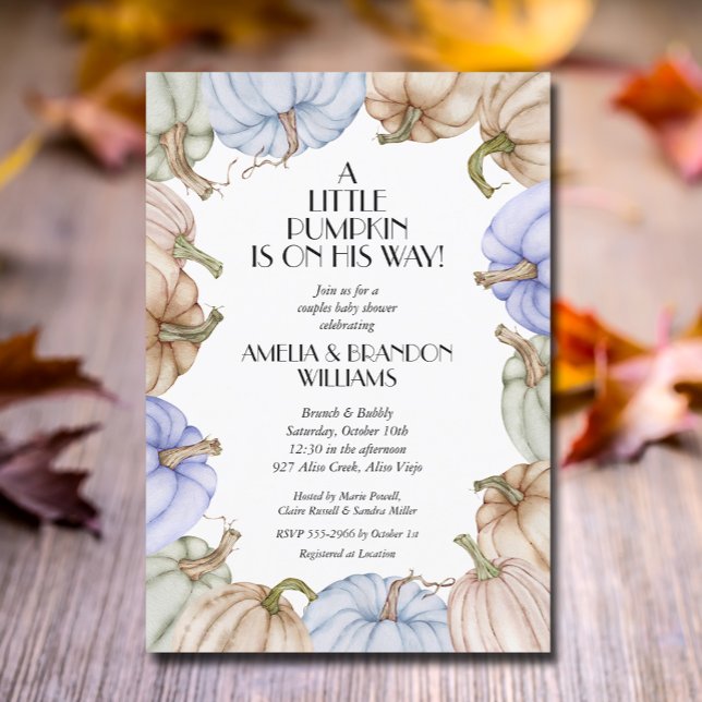 Invitation Baby shower garçon Citrouille bleu (Pastel pumpkins boy baby shower invitations, INSTANT DOWNLOAD and/or PRINTED)