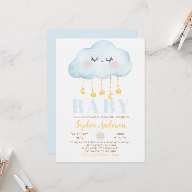 Invitation Baby shower Garçon Cloud bleu (Devant/Arrière en situation)