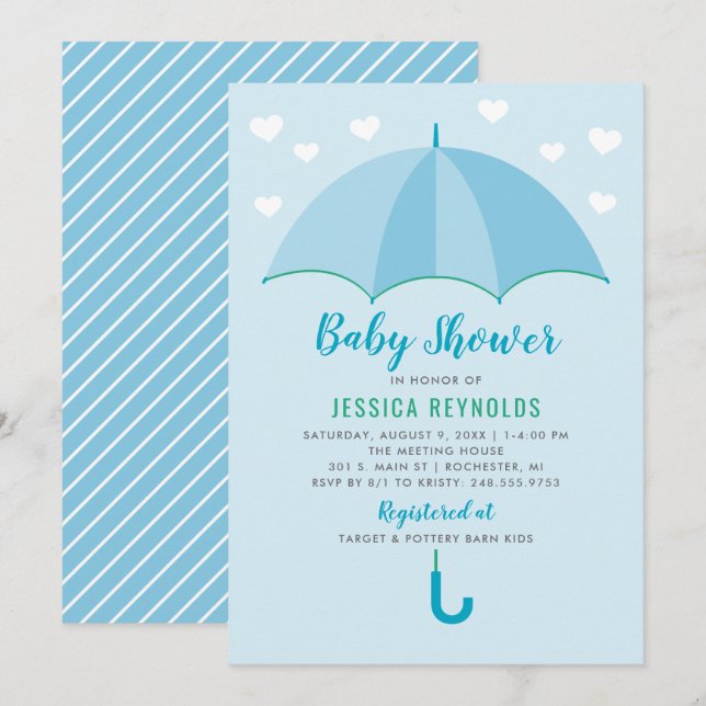 Invitation Baby Shower Garçon Cœur de Parapluie Bleu Moderne (Devant / Derrière)