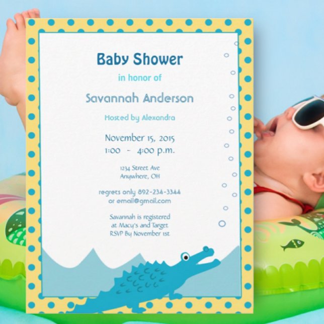 Invitation Baby Shower Garçon Crocodile Bleu et Jaune (Créateur téléchargé)