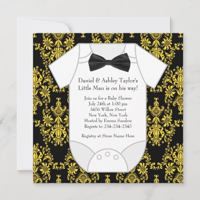 Invitation Baby Shower Garçon Damassé Noir Jaune (Devant)