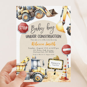 Invitation Baby shower Garçon de construction Jaune moderne