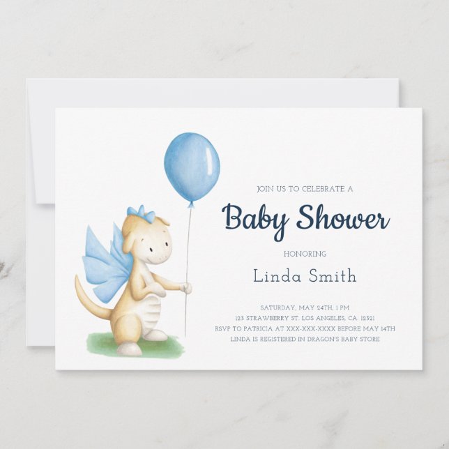 Invitation Baby shower garçon de Dragon Bleu Cute (Devant)