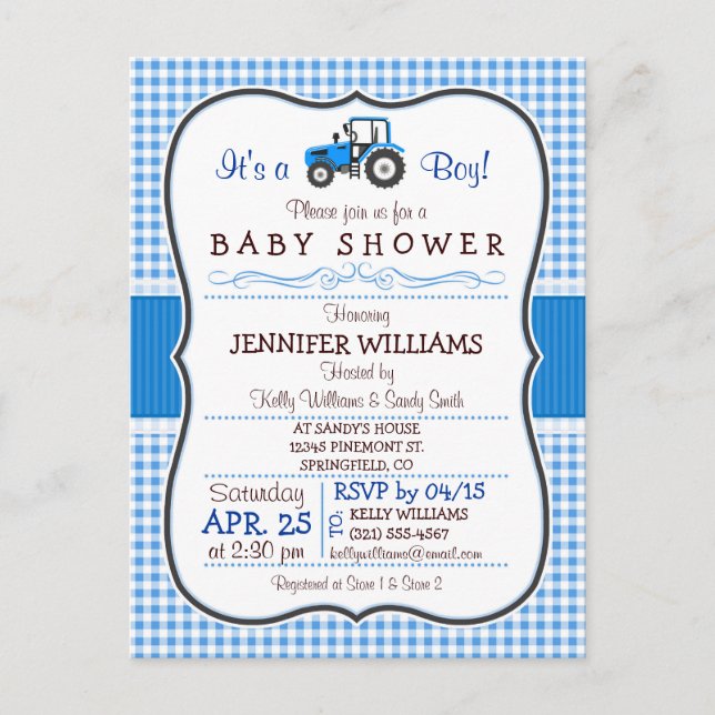 Invitation Baby shower garçon de tracteur de ferme (Devant)