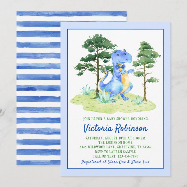 Invitation Baby Shower Garçon Dinosaure Aquarelle (Devant / Derrière)