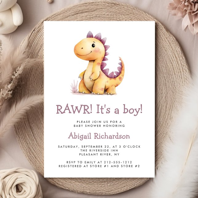 Invitation Baby Shower Garçon Dinosaure Mignon Orange Violet (Créateur téléchargé)