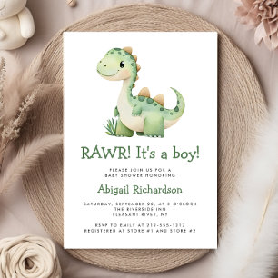 Invitation Baby Shower Garçon Dinosaure Vert Mignon