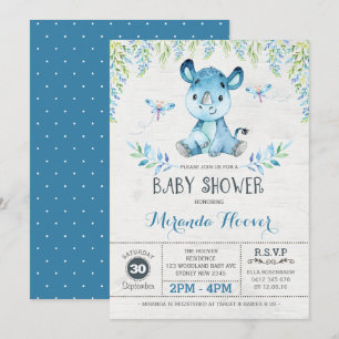 Invitation Baby shower Garçon du Rhino bleu / Rhinoceros de l