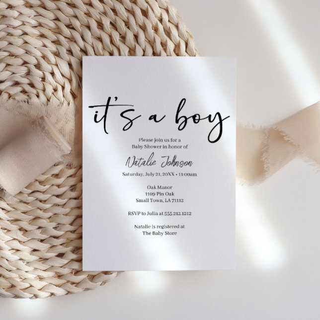 Invitation Baby Shower Garçon Écriture Simple Moderne Noir (Créateur téléchargé)