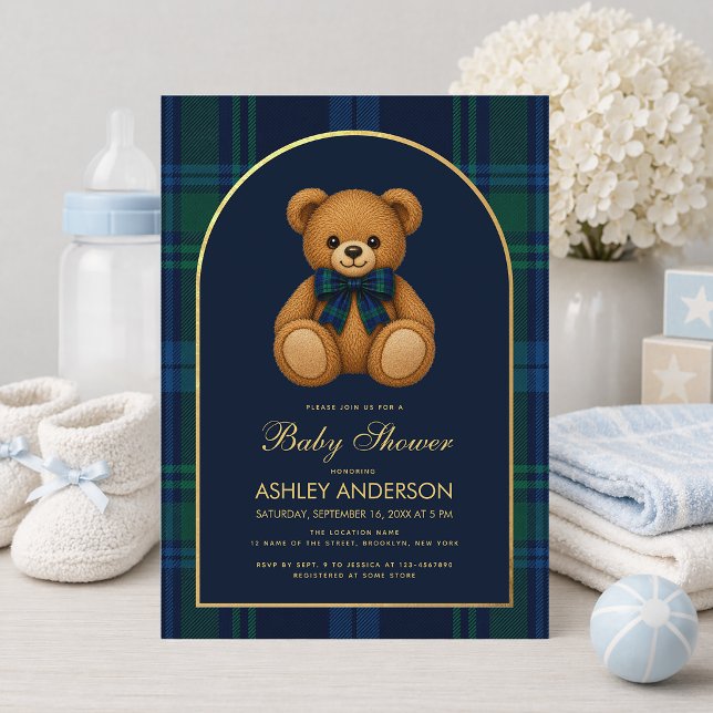 Invitation Baby shower garçon élégant Teddy Bear Arc en vichy (Créateur téléchargé)