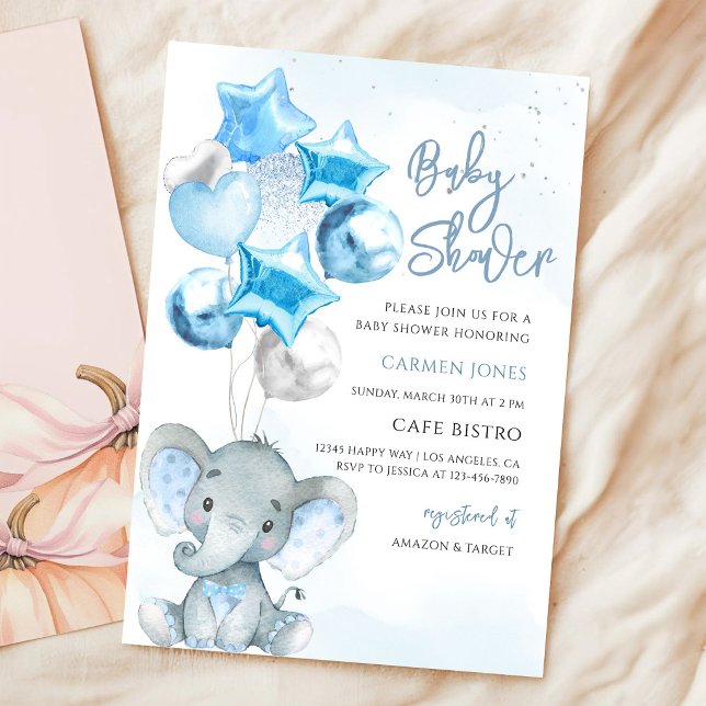 Invitation Baby-Shower Garçon Éléphant Ballon Bleu (Créateur téléchargé)